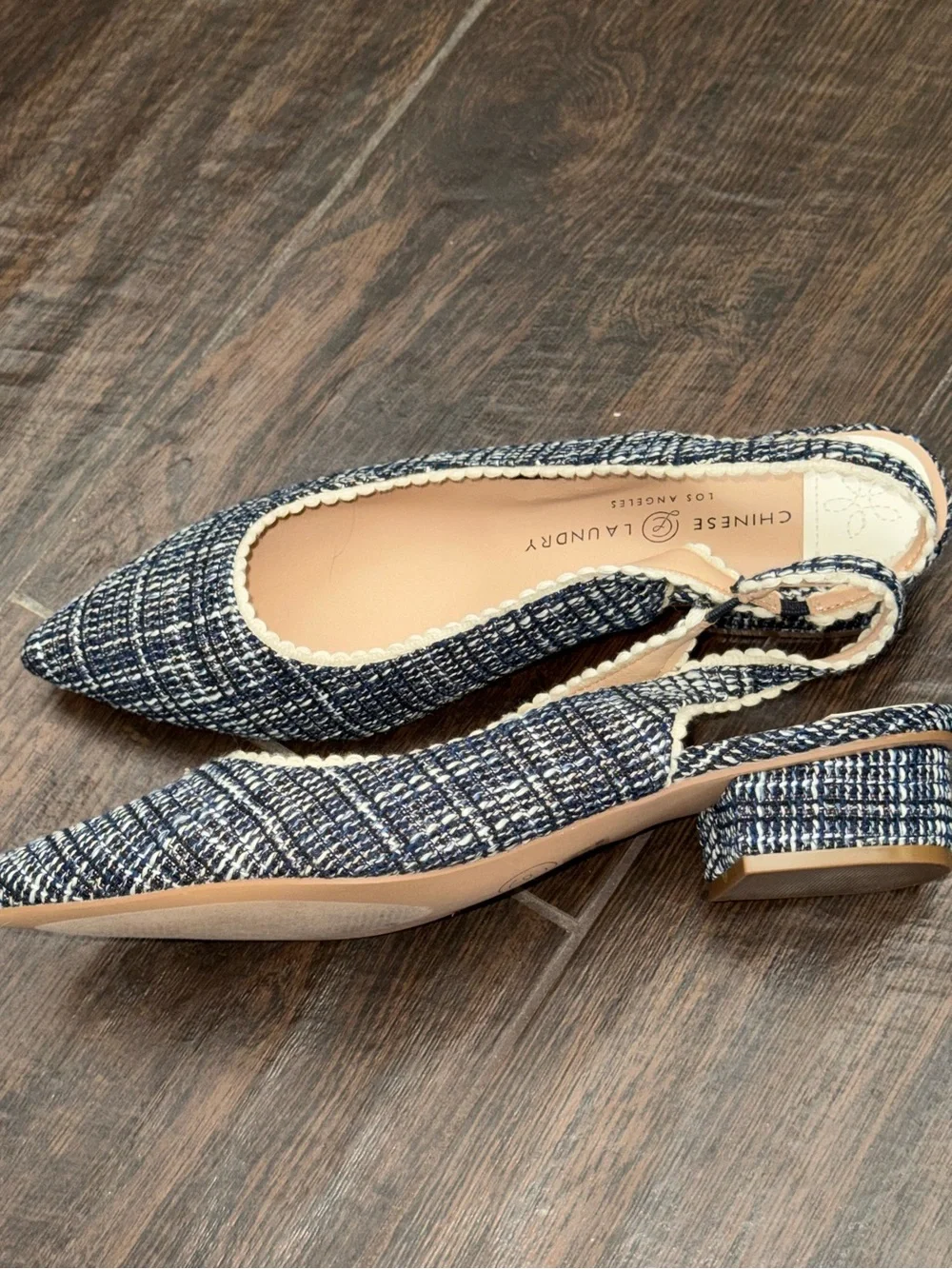 Chinese Laundry Navy Tweed Pointed Toe Slingback Low Block Heels Women's Size 11